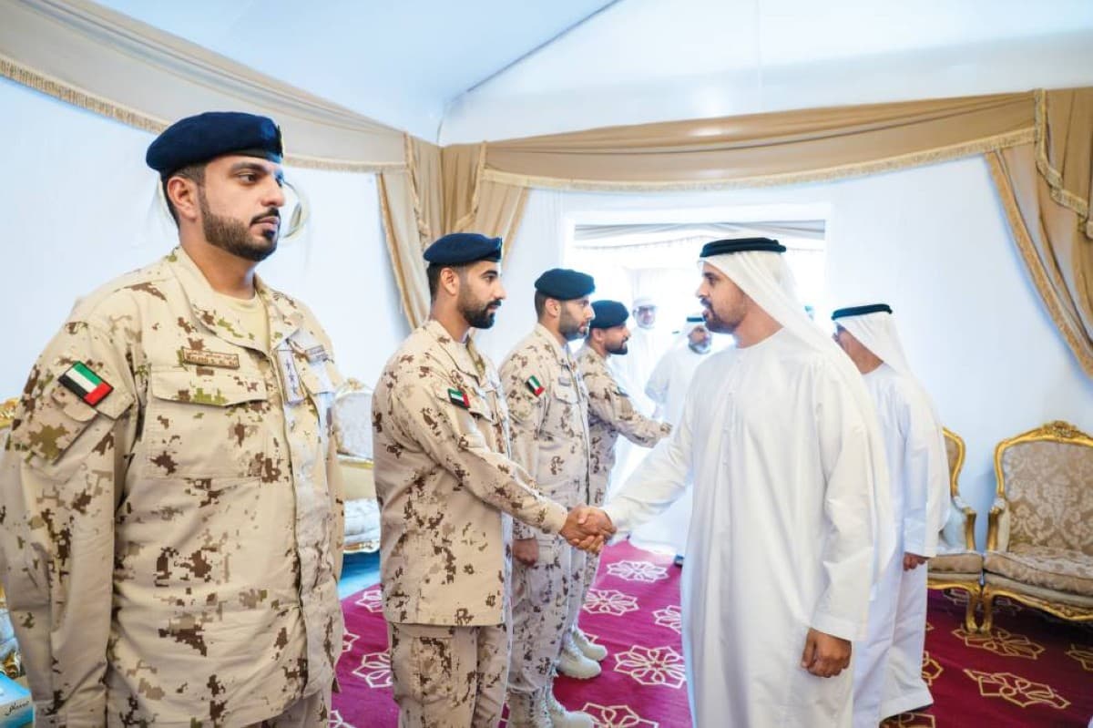 Sheikh Hamad bin Zayed Al Nahyan and Sheikh Diab bin Mohammed bin Zayed Al Nahyan attending a condolence gathering in Dubai for the family of martyr Private First Class Issa Ghalloum Al Balushi.