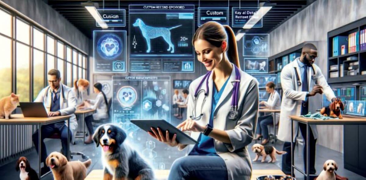 A pet owner consults an AI application on a smartphone while their dog sits nearby, illustrating the trend of using artificial intelligence for veterinary advice.