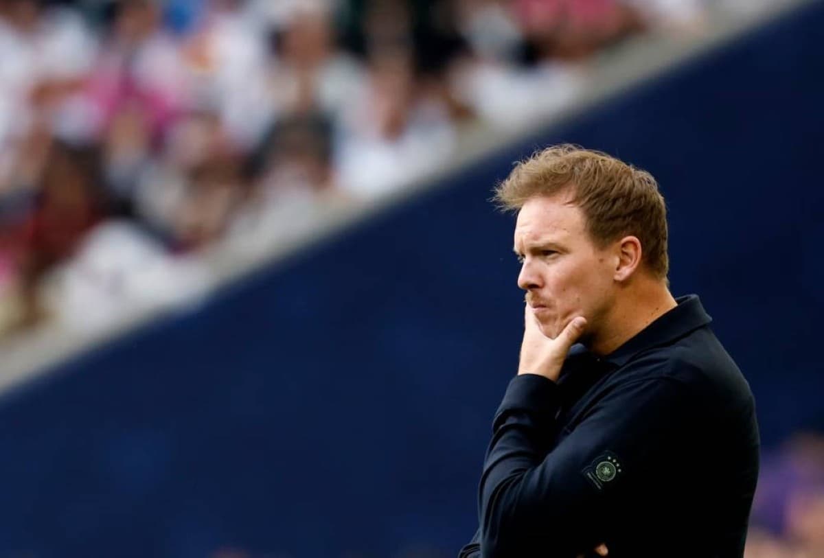 Germany coach Julian Nagelsmann reacts on the touchline during the World Cup match against Paraguay.