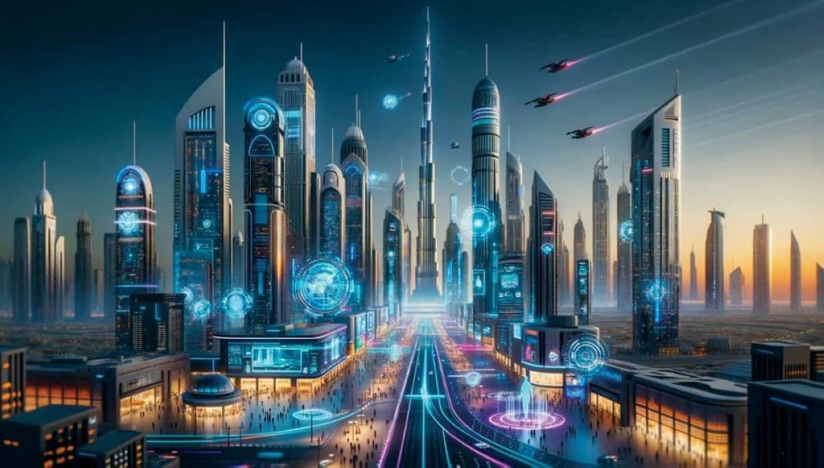A panoramic view of Dubai's modern skyline illustrating the city's advanced smart infrastructure and technological development.