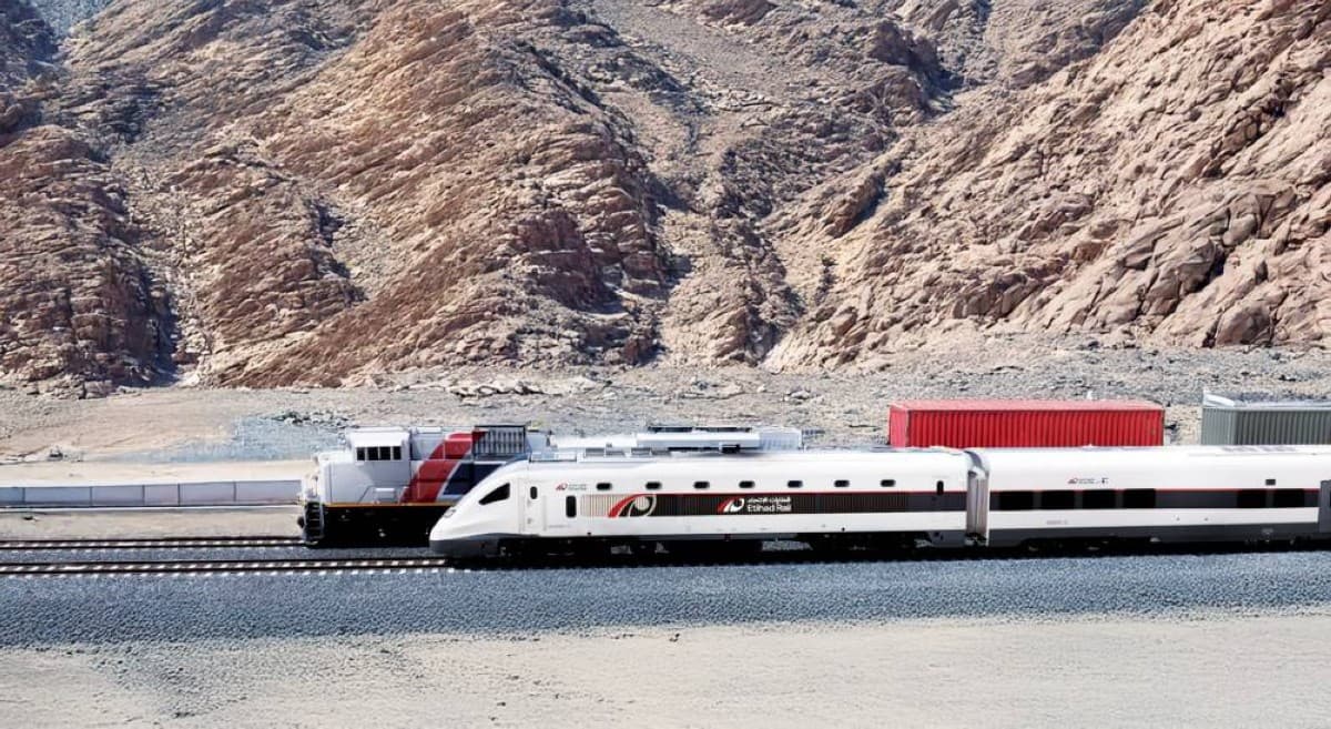 A modern passenger train travelling through the United Arab Emirates, representing the national rail network connecting the country's emirates.