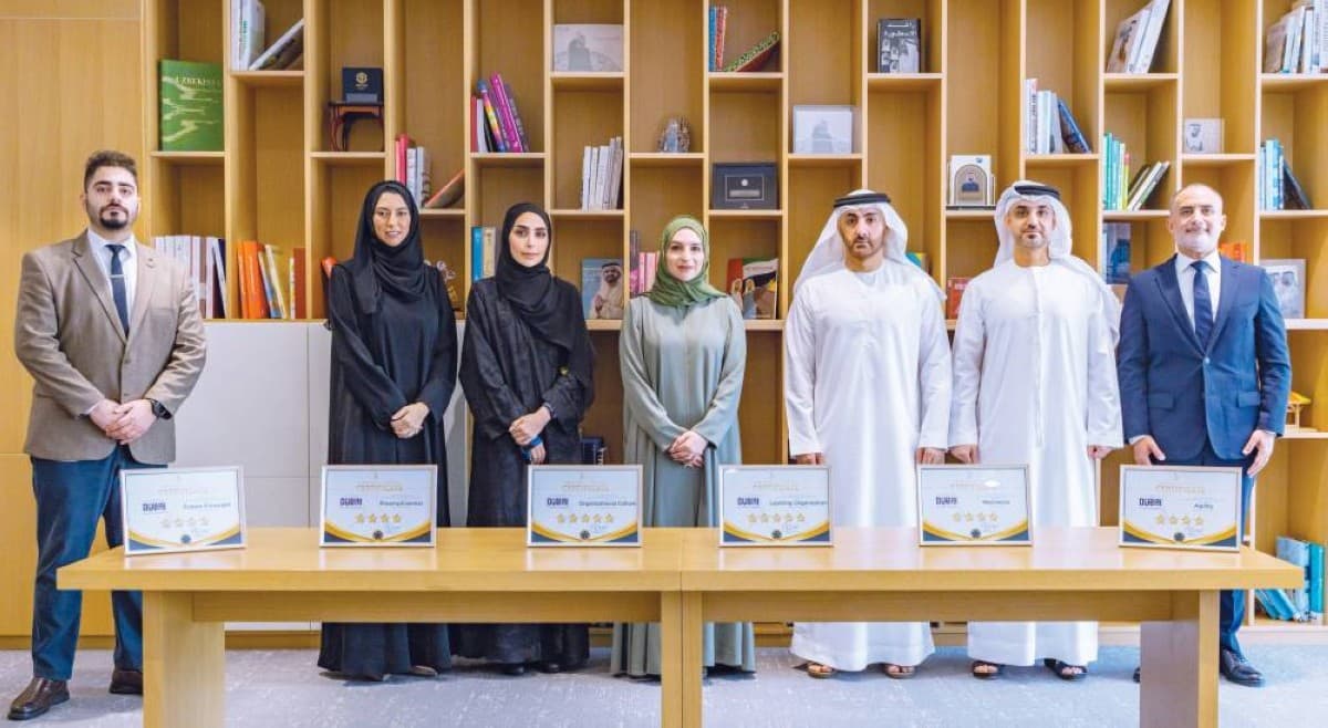 Officials from Dubai Culture pose with their six international recognition certificates from the European Excellence and Agility Organisation.