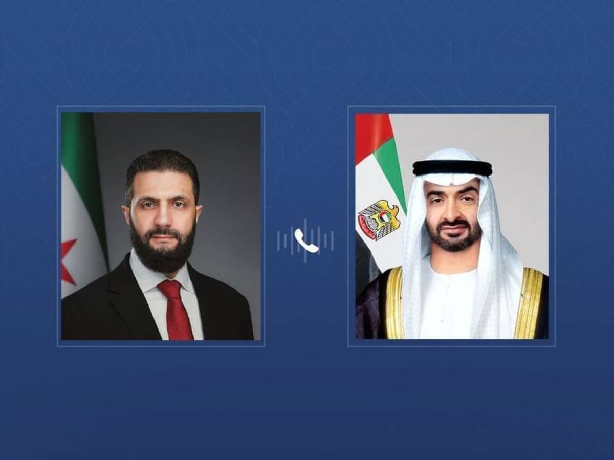 Sheikh Mohamed bin Zayed Al Nahyan speaking on the phone during a call with Syrian President Ahmed Al-Sharaa.
