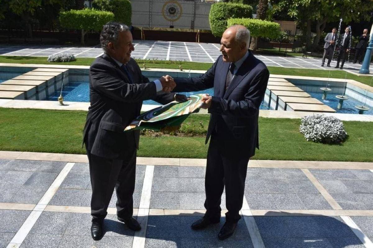 Nabil Fahmy during the official handover ceremony at the Arab League General Secretariat headquarters in Cairo.