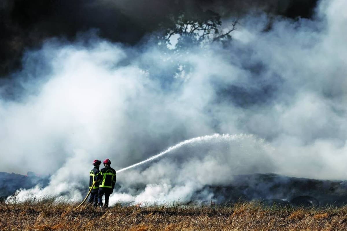 Firefighters battling a forest fire in Europe amid an intense heatwave, with flames and smoke engulfing woodland.