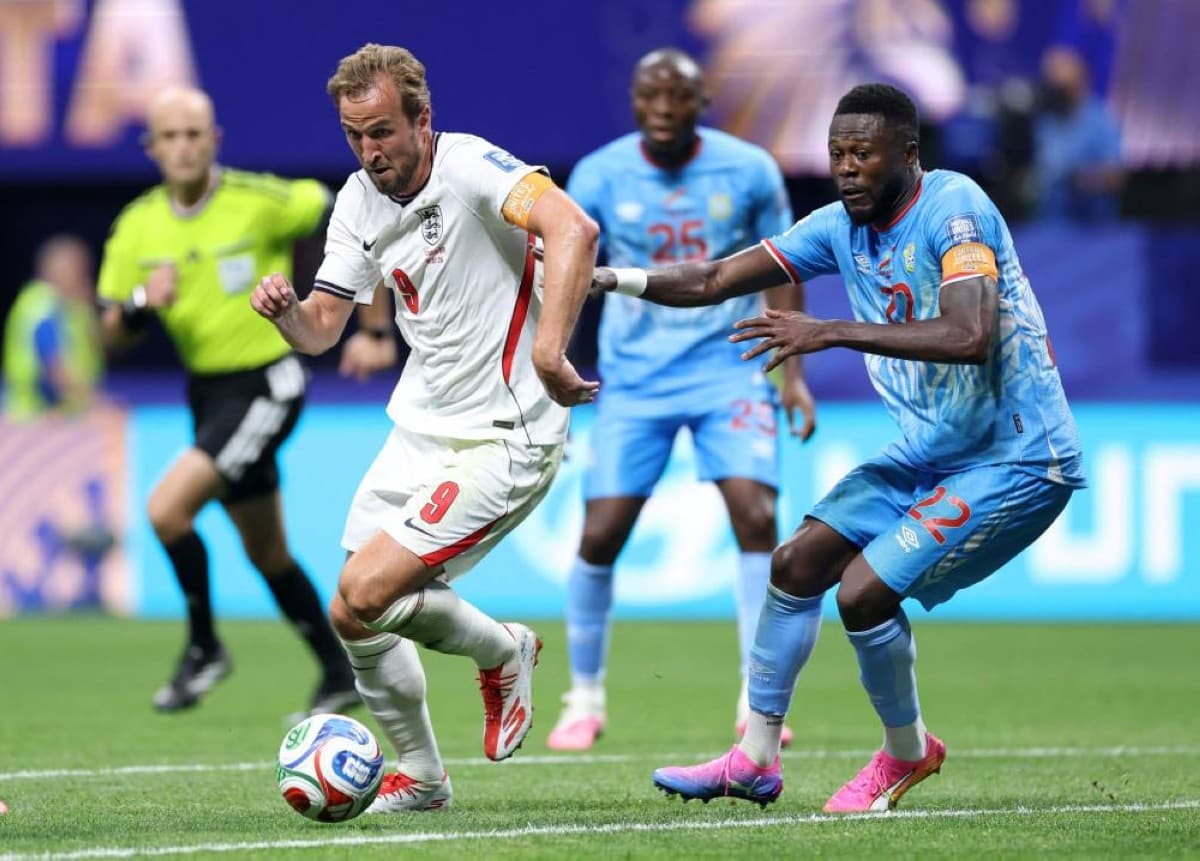 Harry Kane celebrates after scoring for England against the Democratic Republic of Congo at the 2026 World Cup.
