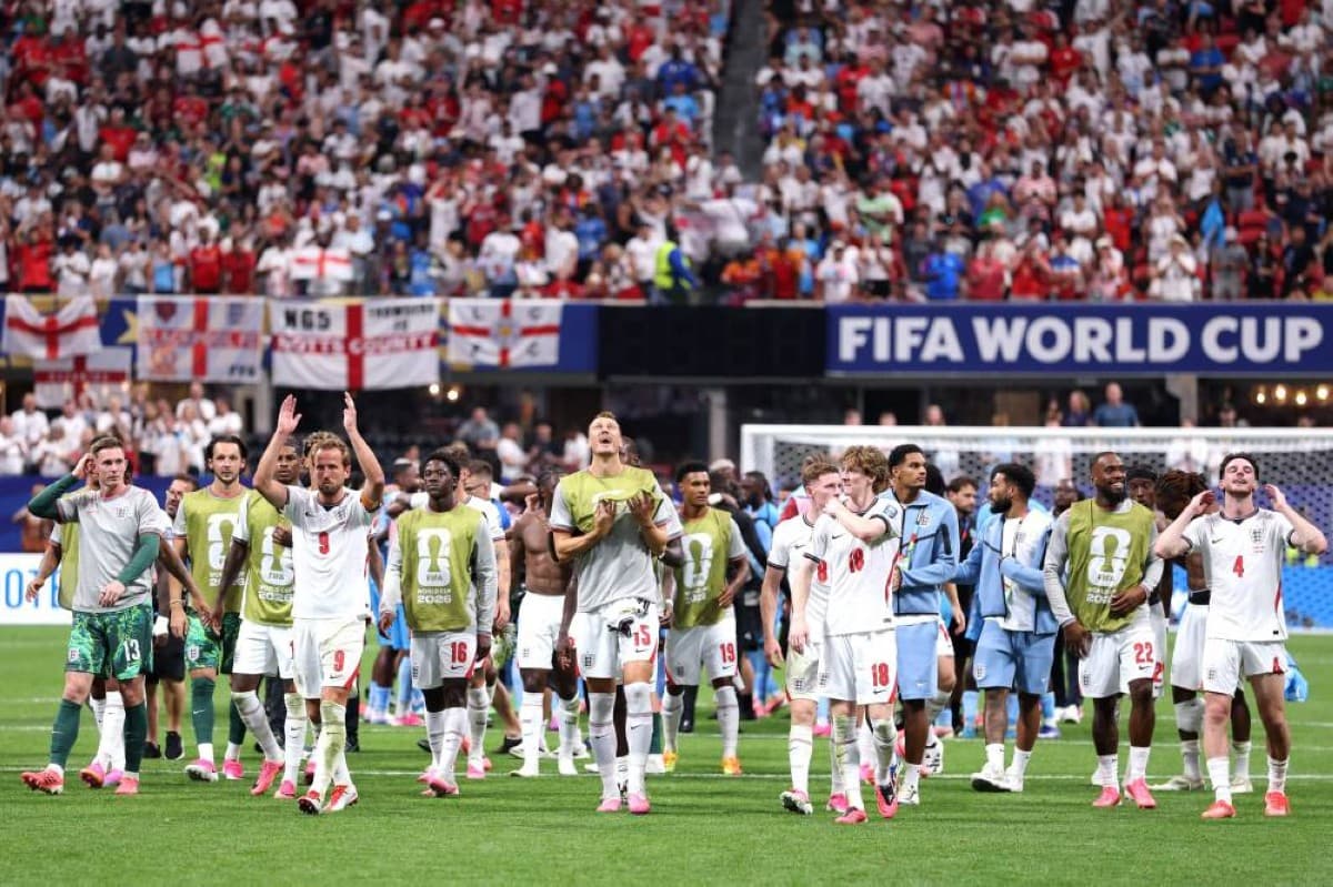 England players celebrate their 2-1 comeback victory over the Democratic Republic of Congo in the 2026 FIFA World Cup round of 32.