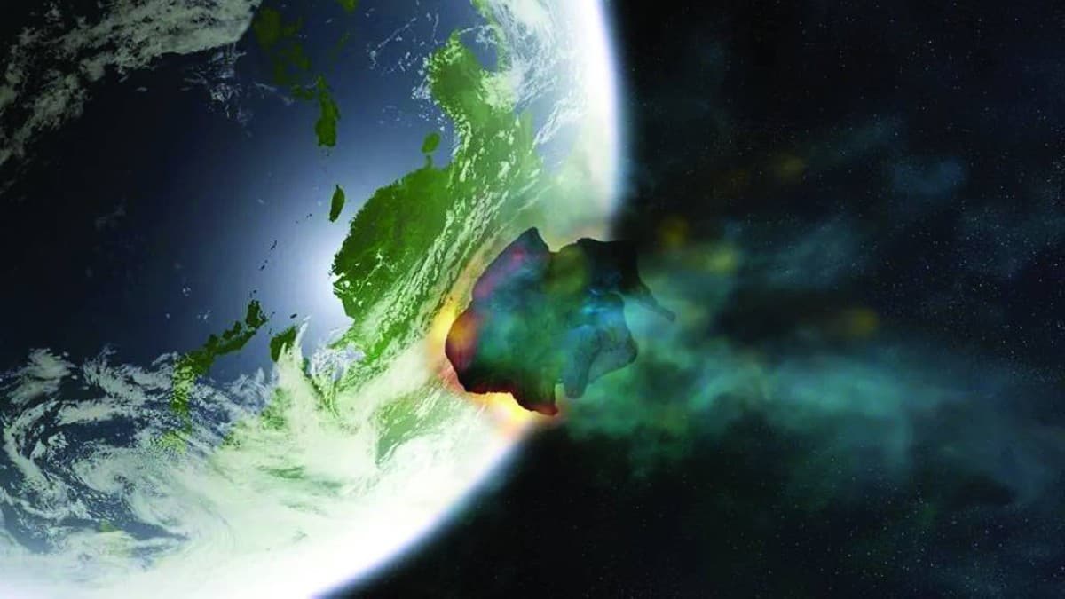An illustration showing an asteroid impact on the ocean surface, generating massive waves.