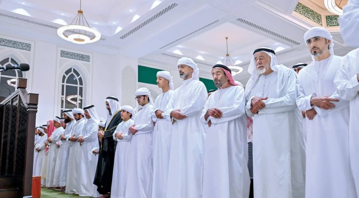 Sheikh Ammar bin Humaid Al Nuaimi, Crown Prince of Ajman, attends the funeral prayer for Sultan Salem Al Uwaid Al Kitbi at Al Sayeda Khadija Mosque in Sharjah.