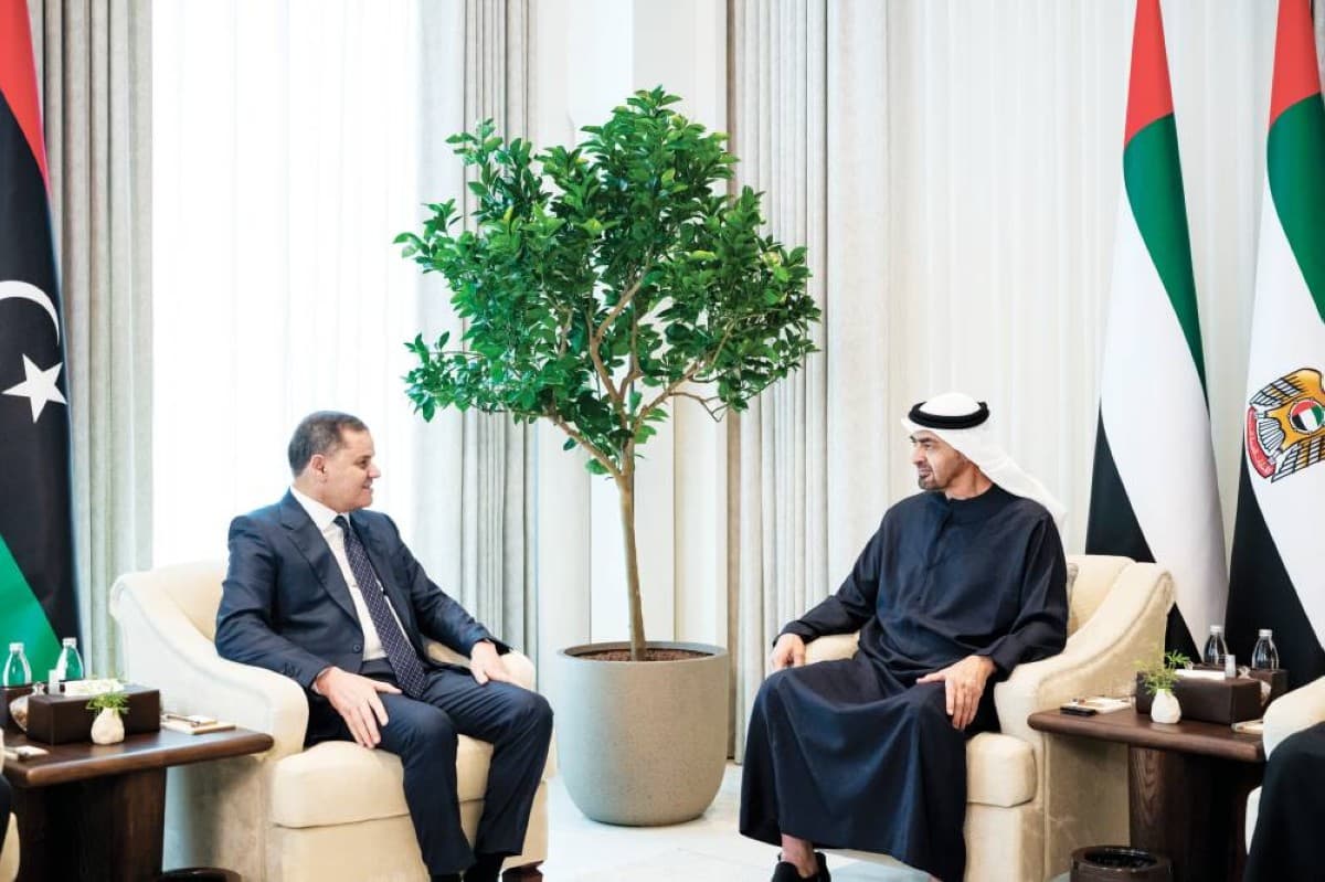 Sheikh Mohamed bin Zayed Al Nahyan receives Libyan Prime Minister Abdul Hamid Dbeibah during a working visit to the United Arab Emirates.