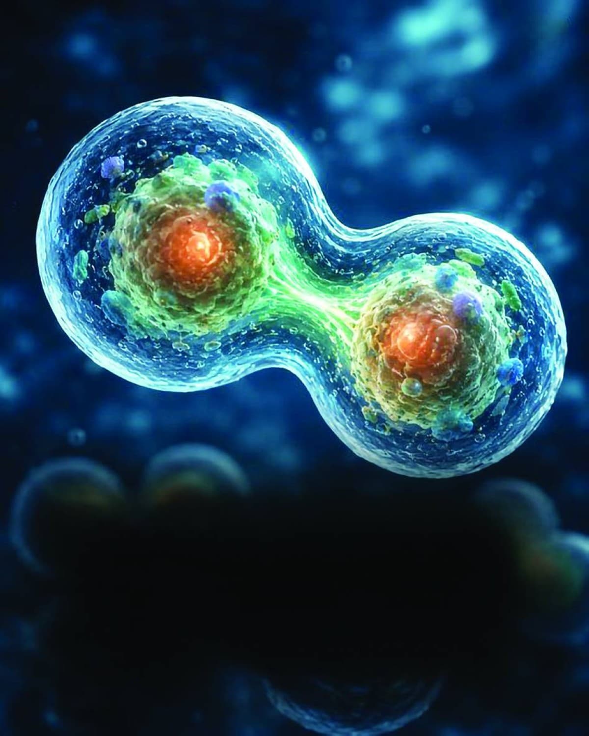 A microscopic illustration of an artificial cell, representing the world's first synthetic cell capable of completing a full life cycle including growth, DNA replication, and division.