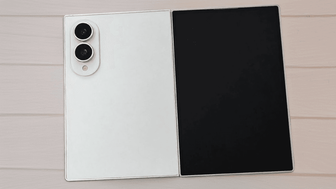 A Samsung Galaxy foldable smartphone shown open and closed, displaying its inner and outer screens.