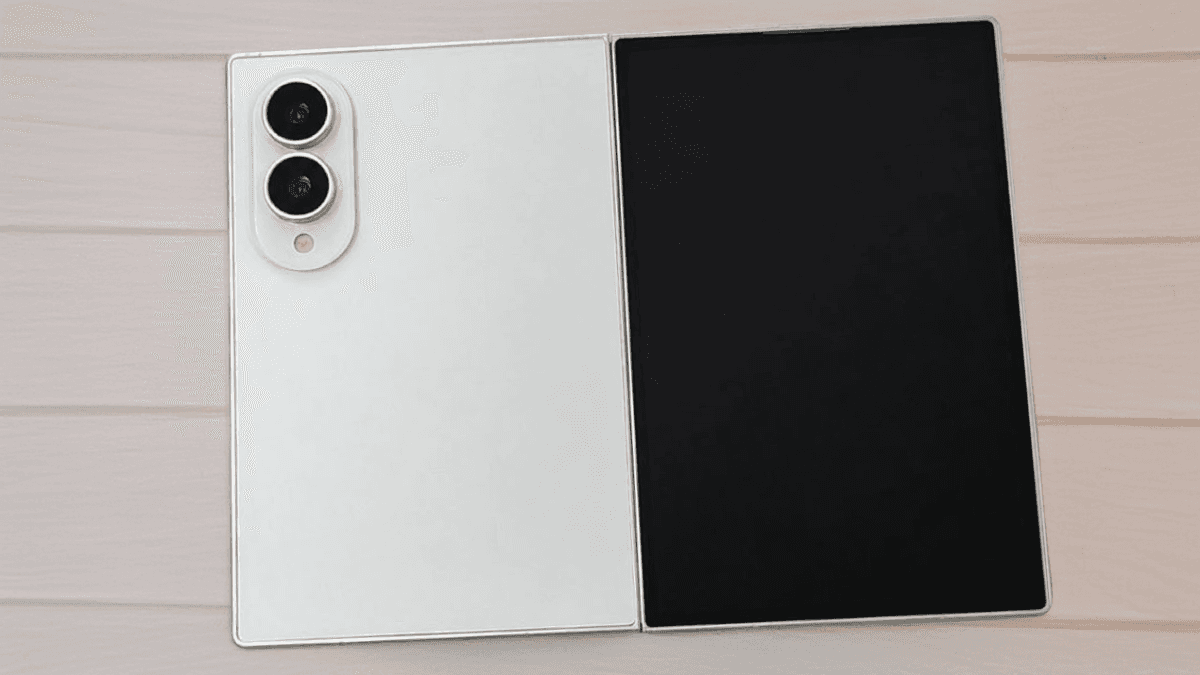 A Samsung Galaxy foldable smartphone shown open and closed, displaying its inner and outer screens.