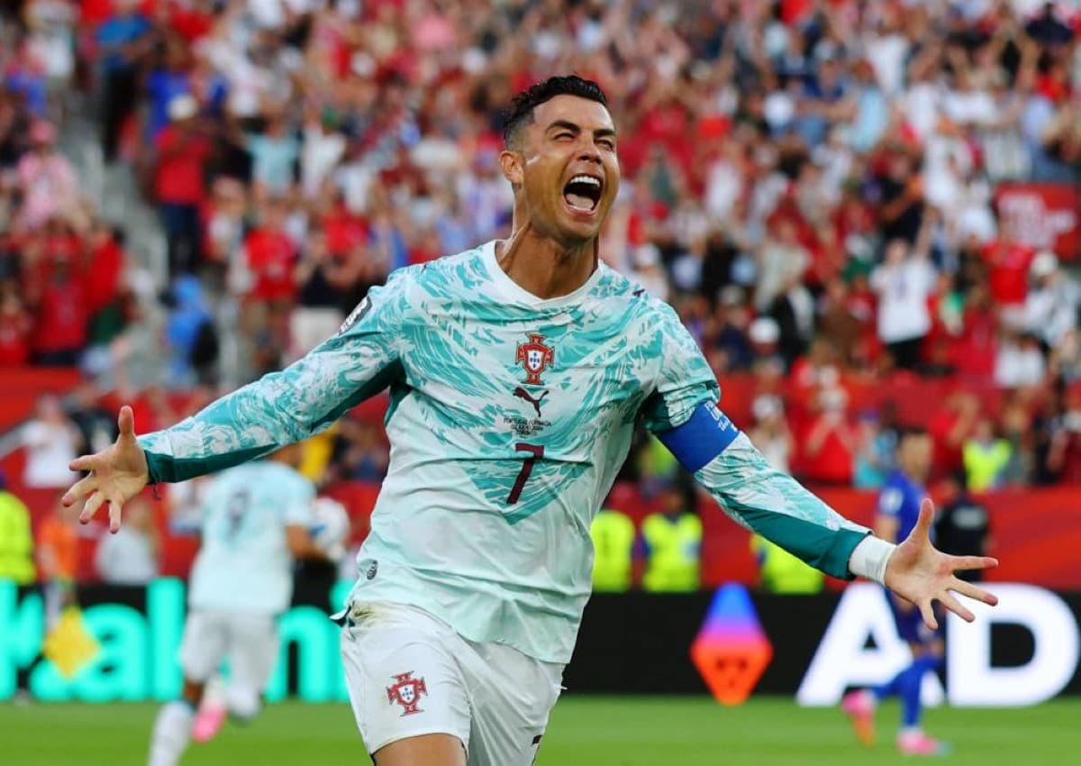 Cristiano Ronaldo celebrating his historic knockout-stage goal for Portugal against Croatia at the 2026 World Cup.
