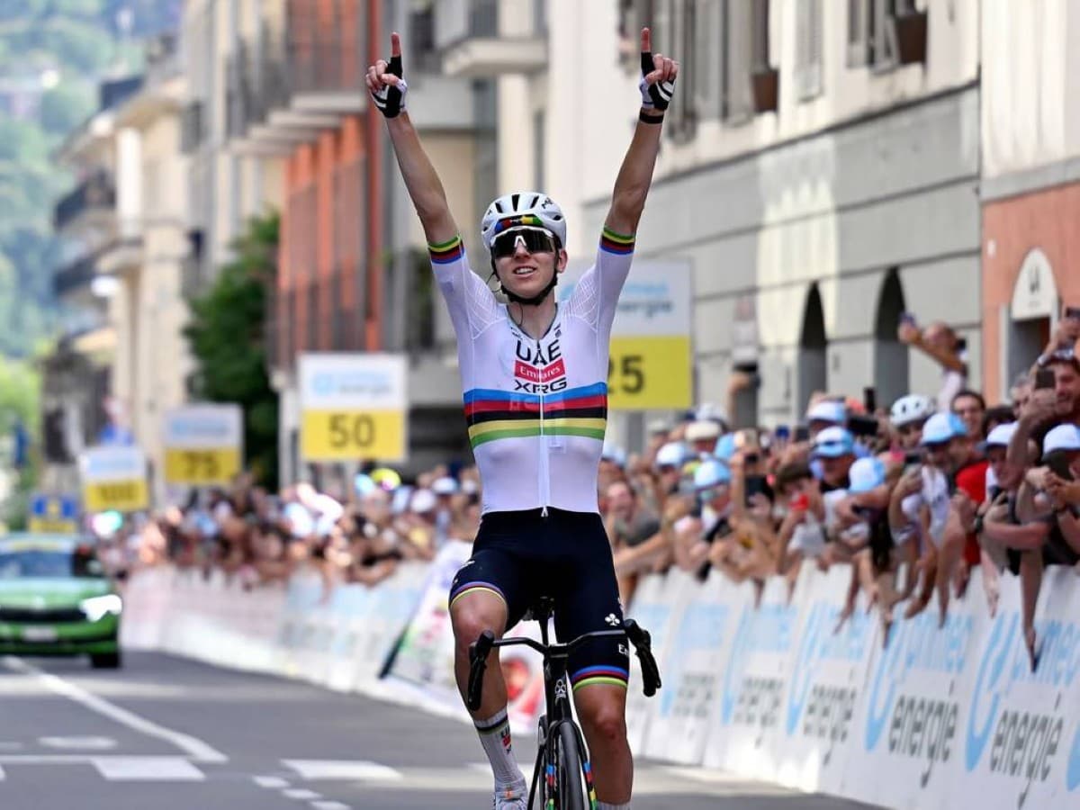 World champion Tadej Pogačar in UAE Team Emirates–XRG kit, preparing for the start of the Tour de France in Barcelona.