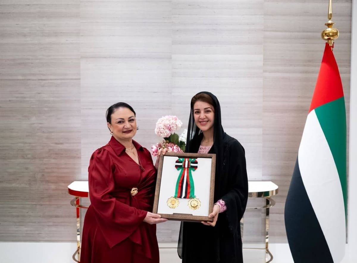 Her Excellency Reem Al Hashimy conferring the Order of Independence, First Class, upon Malta's Ambassador Maria Camilleri Calia at the Ministry of Foreign Affairs in the UAE.