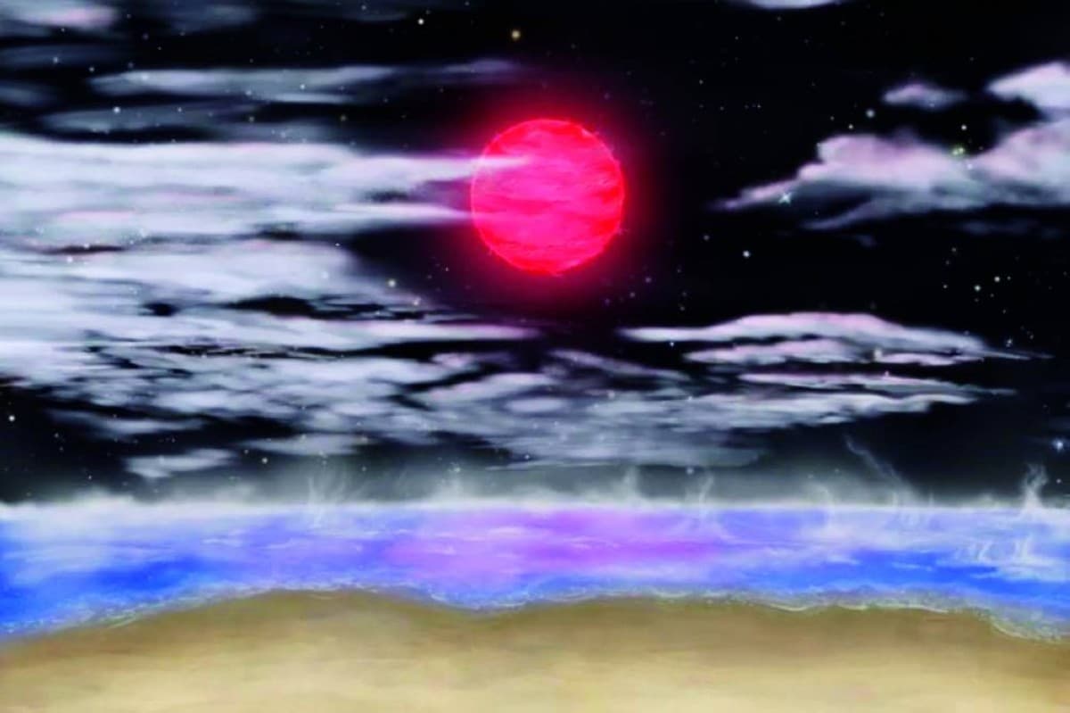 An artistic rendering of an Earth-like exoplanet orbiting a red dwarf star in the habitable zone, approximately 25 light-years from Earth.