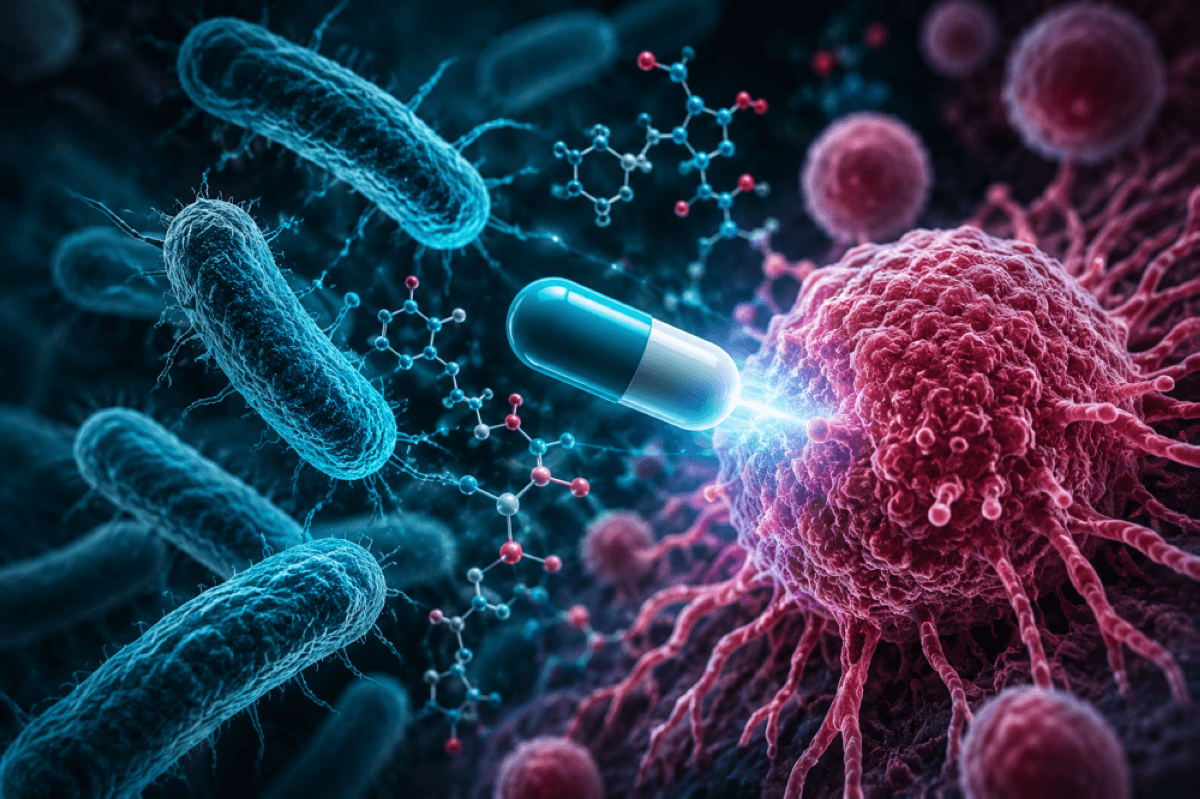 A microscopic illustration depicting bacterial enzymes interacting within a cell, representing the natural biosynthetic mechanism used to produce anti-cancer compounds.