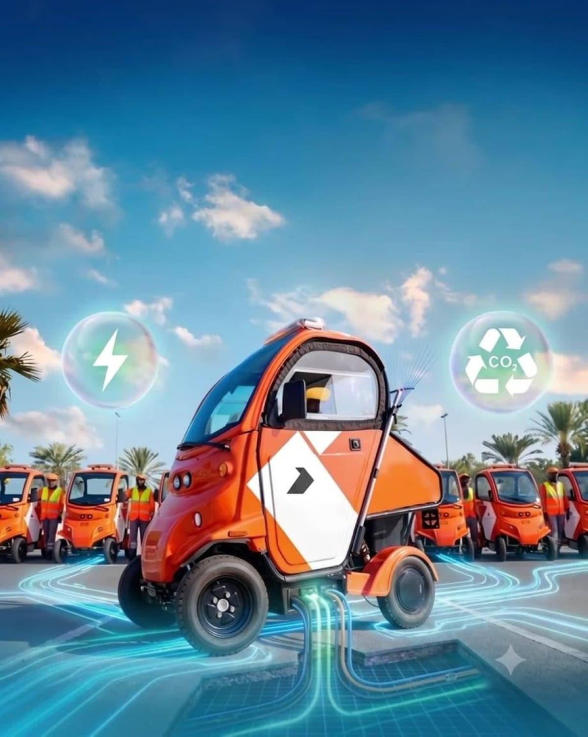 An eco-friendly electric bicycle provided by Dubai Municipality for sanitation engineers, equipped with a large front storage container, travelling through a residential area.