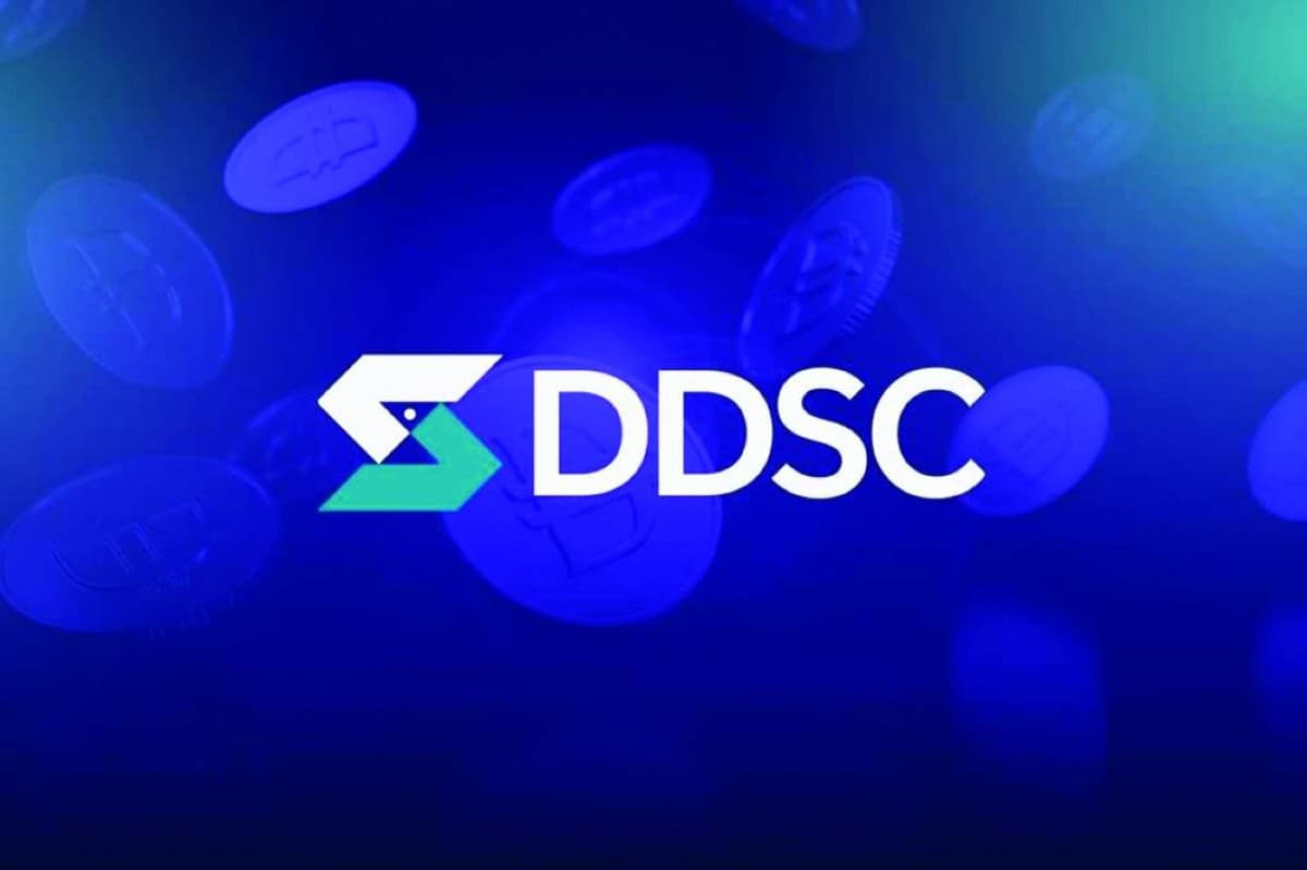 A visual representation of the DDSC dirham-backed stablecoin digital currency token against a blockchain network background.