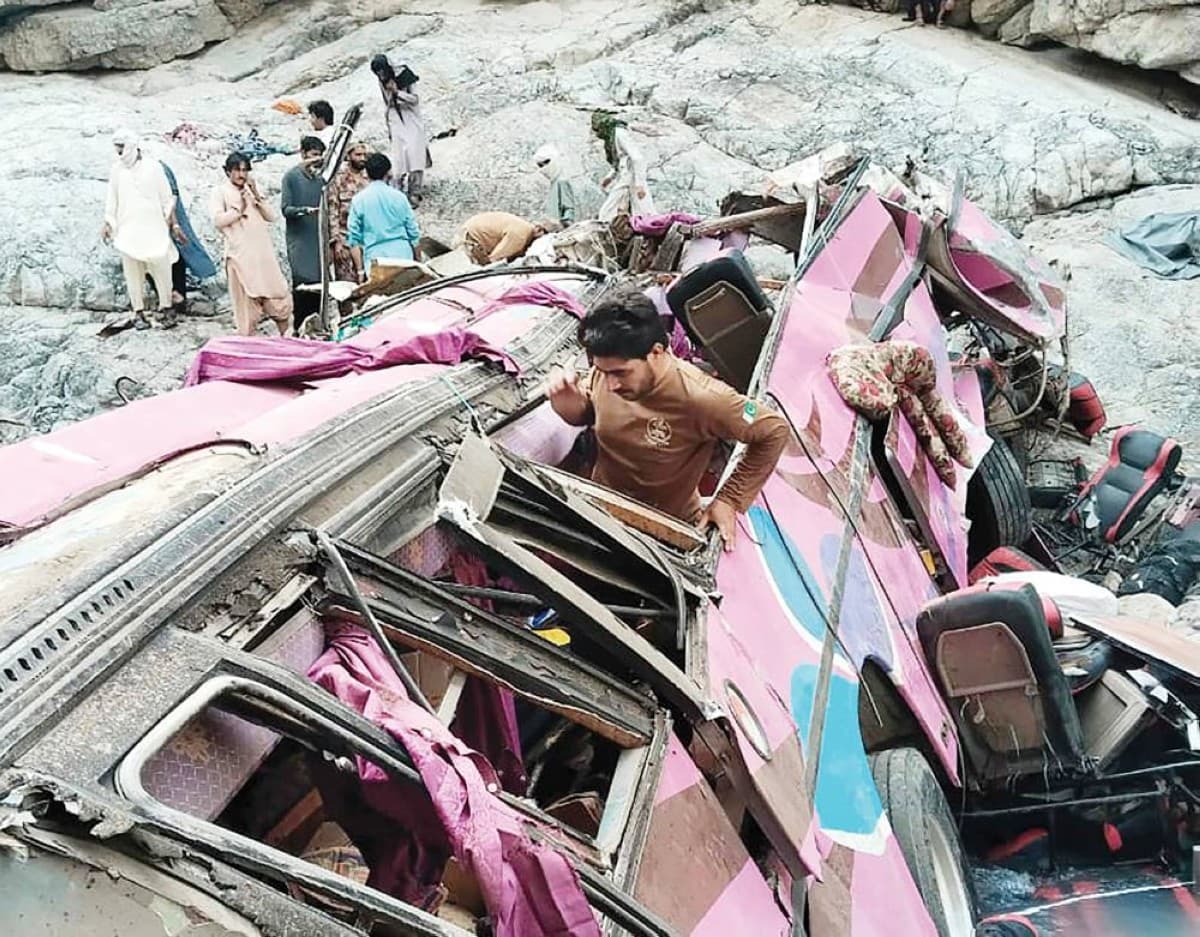 A passenger bus that veered off a mountain road and plunged into a narrow valley in the remote Dana Sar area of Balochistan, Pakistan.