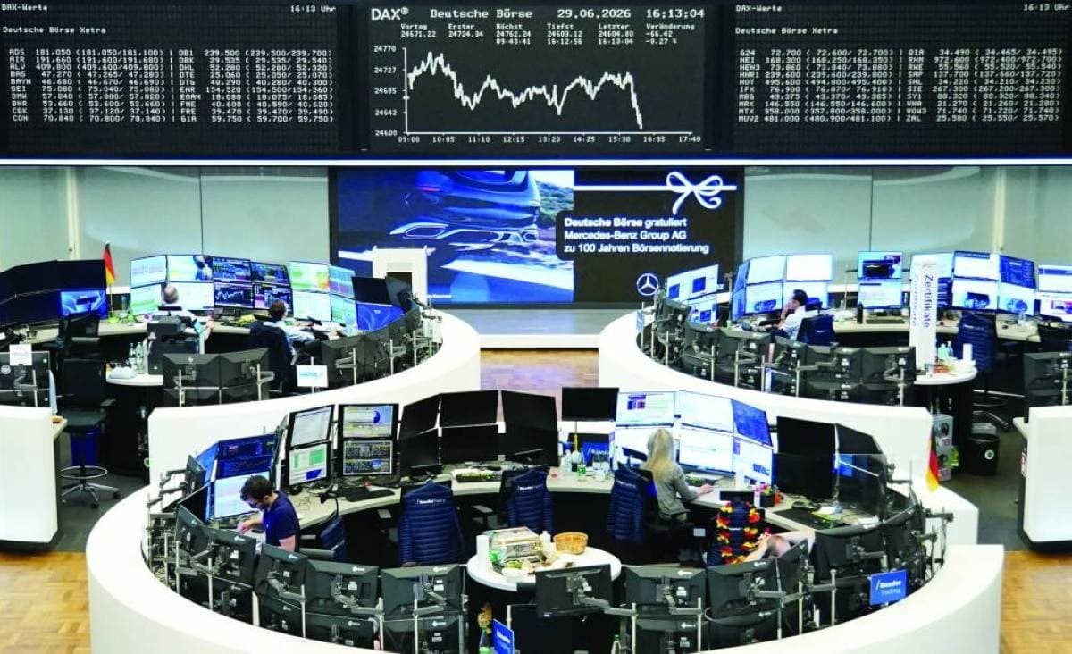 A digital display showing global equity fund performance data with technology sector stocks trending upward.