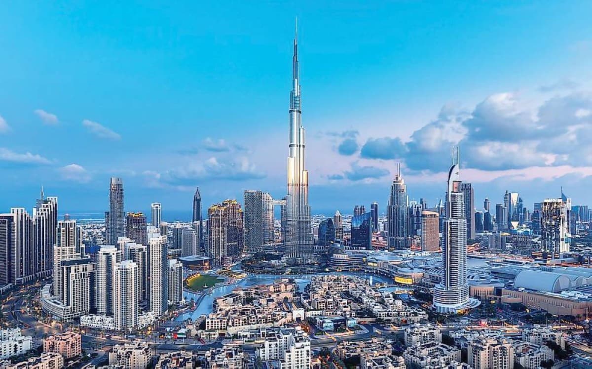 Dubai's iconic skyline featuring the Burj Khalifa towering above a dense cluster of skyscrapers exceeding 200 metres in height.
