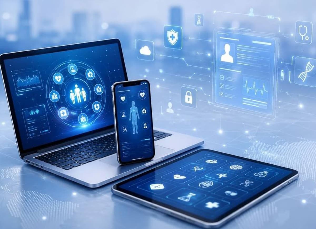 A digital health interface displaying interconnected electronic health records and data exchange platforms used across UAE medical facilities.