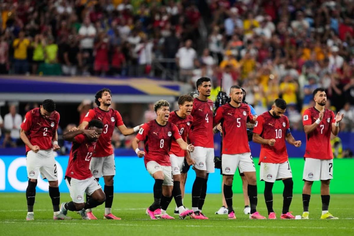 Egypt players celebrate after defeating Australia in a penalty shootout at the 2026 FIFA World Cup.