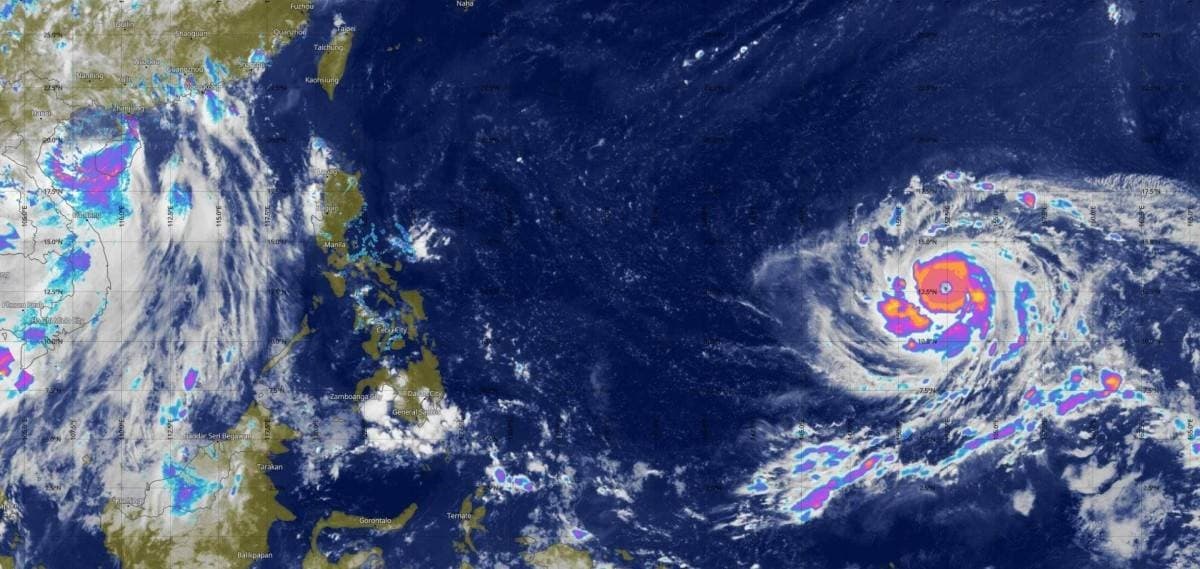 Super Typhoon Bavi approaching the US Pacific territories of Guam and the Northern Mariana Islands, as seen from satellite imagery.
