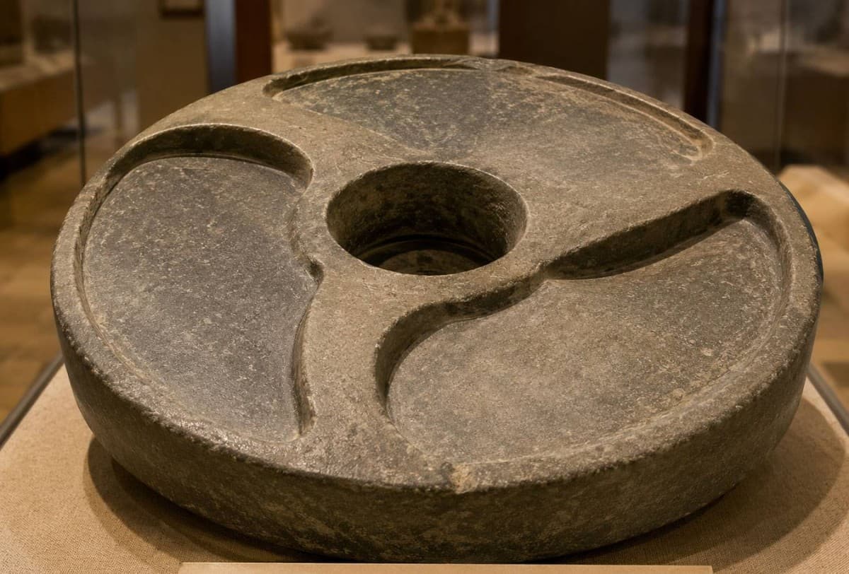 The Sabu Disc, a circular ancient Egyptian stone vessel with three curved lobes, displayed at the Egyptian Museum in Cairo.