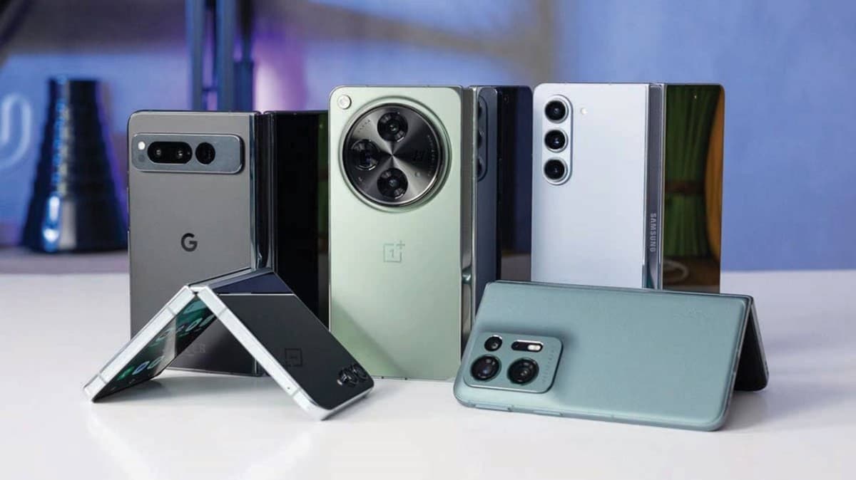 A foldable smartphone displaying its flexible screen, illustrating the growing global market for foldable phone displays.
