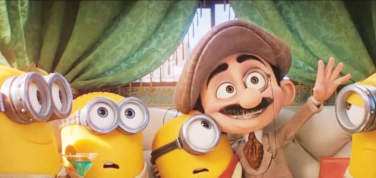 A promotional scene from the animated film Minions and Monsters, set against a classic Hollywood backdrop.