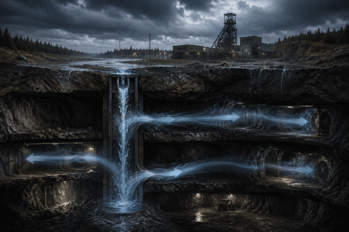 A deep underground mine shaft where rainwater seeping from the surface affects the flow of air through the tunnel ventilation network.