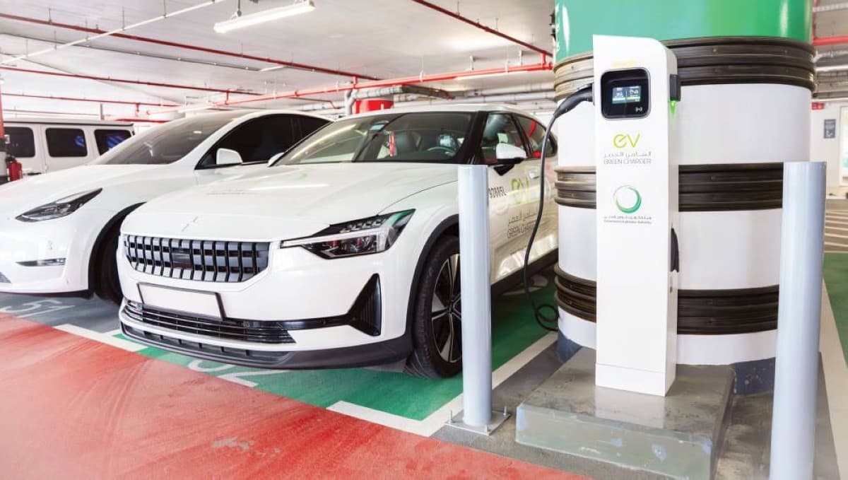 Electric vehicle charging points installed in the parking facilities of DEWA's Al Shuraa headquarters building in Dubai.