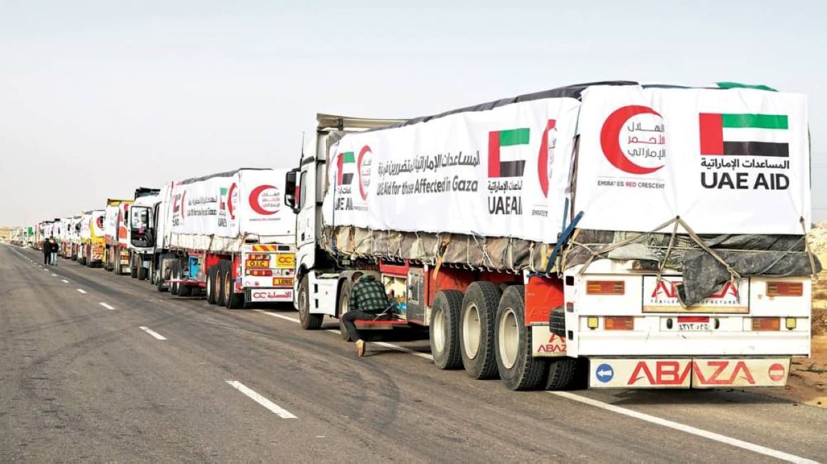 UAE relief convoys unloading food parcels and humanitarian aid supplies as part of Operation 'Noble Knight 3' in the Gaza Strip.