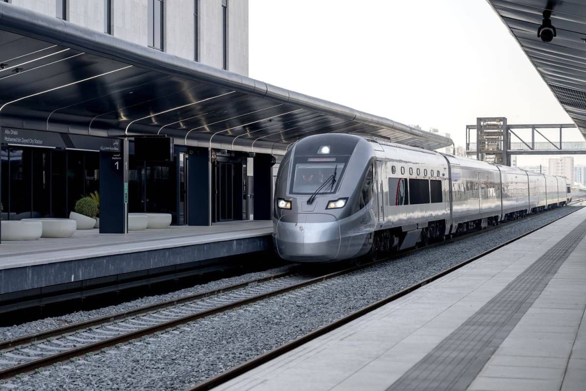 Passengers gather at Fujairah's Etihad Rail station during the launch of the first preliminary passenger services on the Abu Dhabi route.