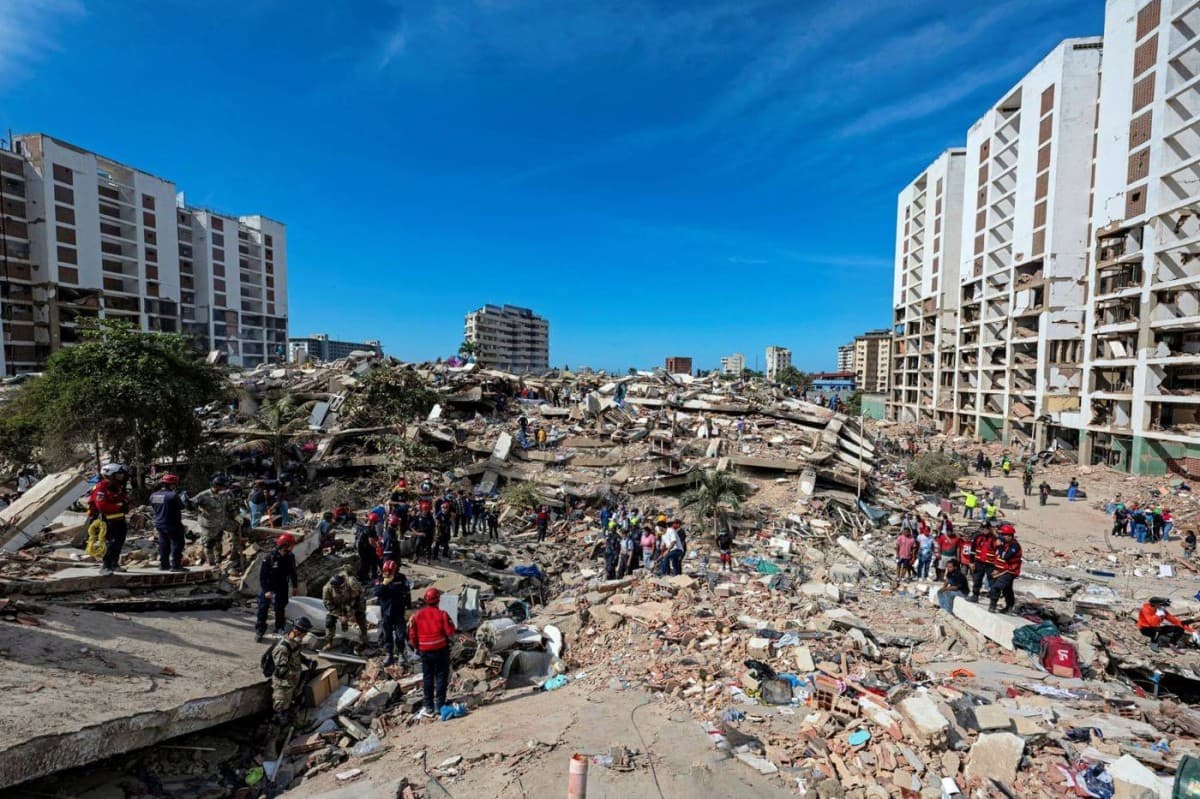 Rescue workers and emergency personnel responding to earthquake damage in Venezuela.