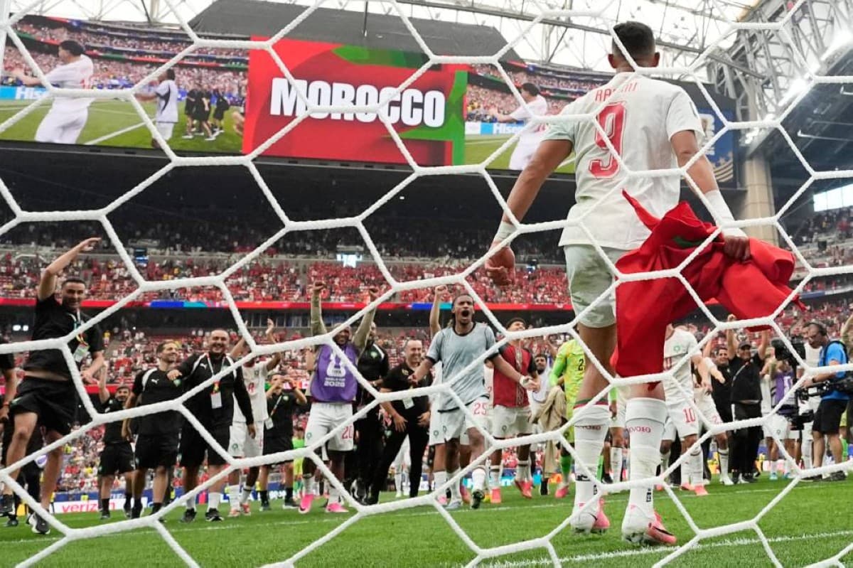 Morocco's Atlas Lions celebrate a goal against Canada during their FIFA World Cup 2026 round of 16 match at NRG Stadium in Houston.
