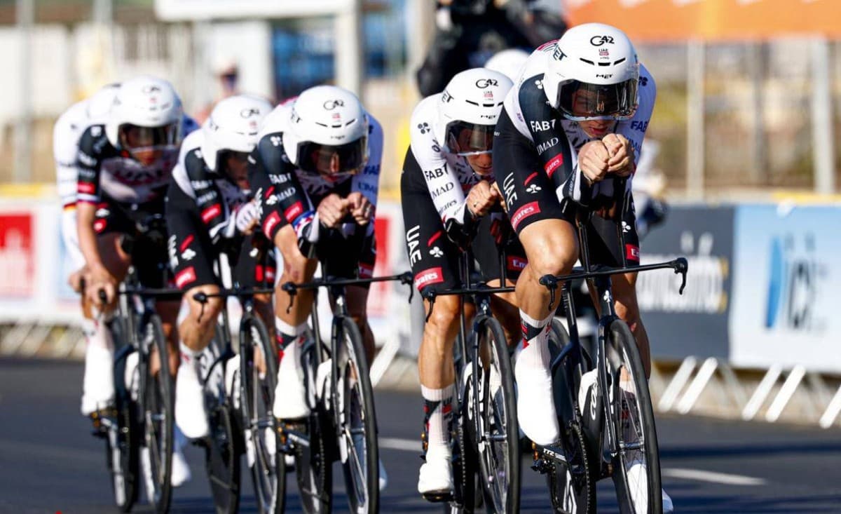 UAE Team Emirates-XRG riders competing in the opening team time trial of the Tour de France 2026 in Barcelona.