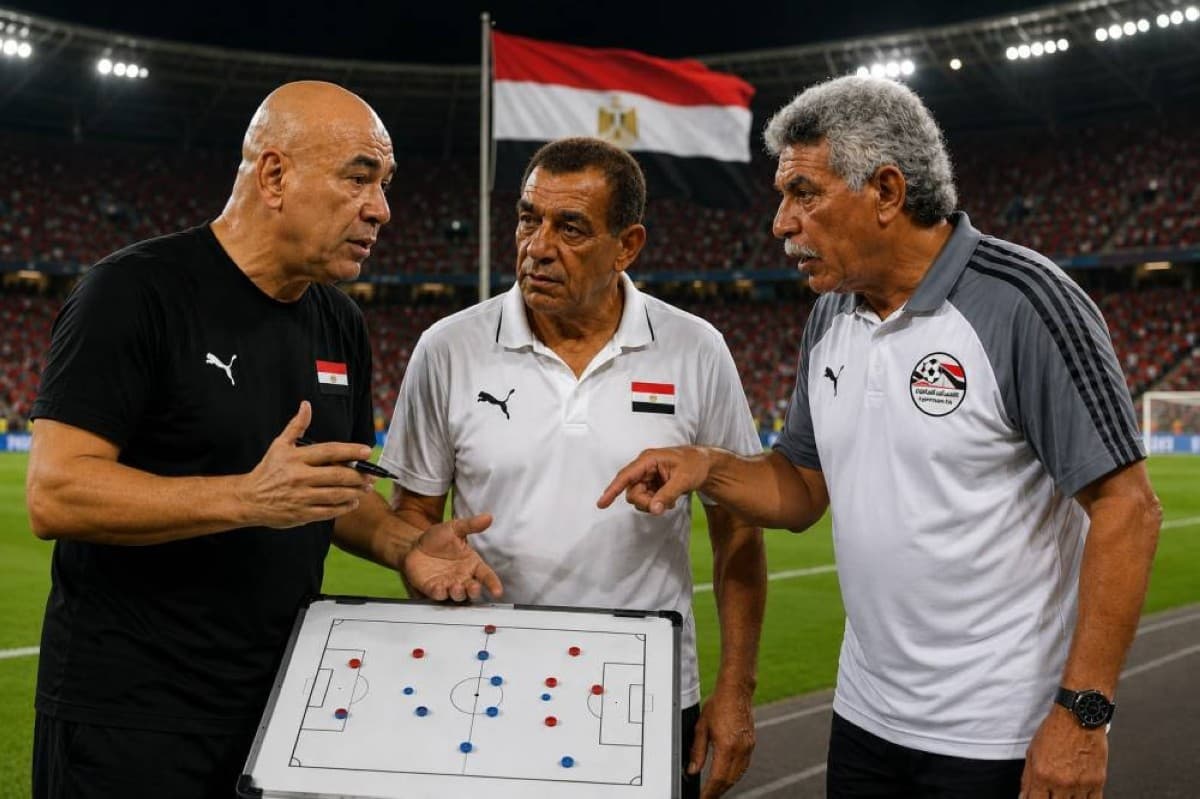 Egyptian national football team coach Hossam Hassan celebrates with his players during the 2026 World Cup.