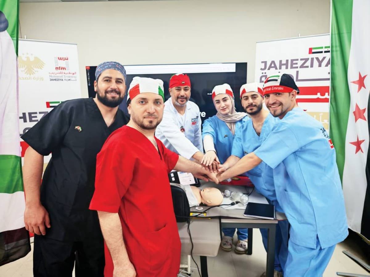 Medical personnel participating in emergency and disaster management training under the Jahez Syria UAE-Syrian readiness programme at Sheikh Mohamed bin Zayed Field Hospital in Damascus.
