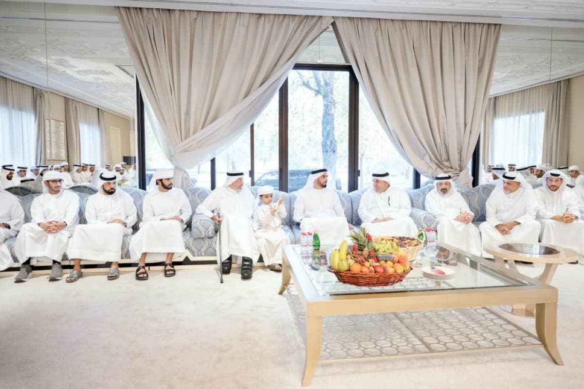 Sheikh Saif bin Zayed Al Nahyan offering condolences to the family of the late Khadeya bint Hamel at the condolence gathering in Nad Al Sheba, Dubai.