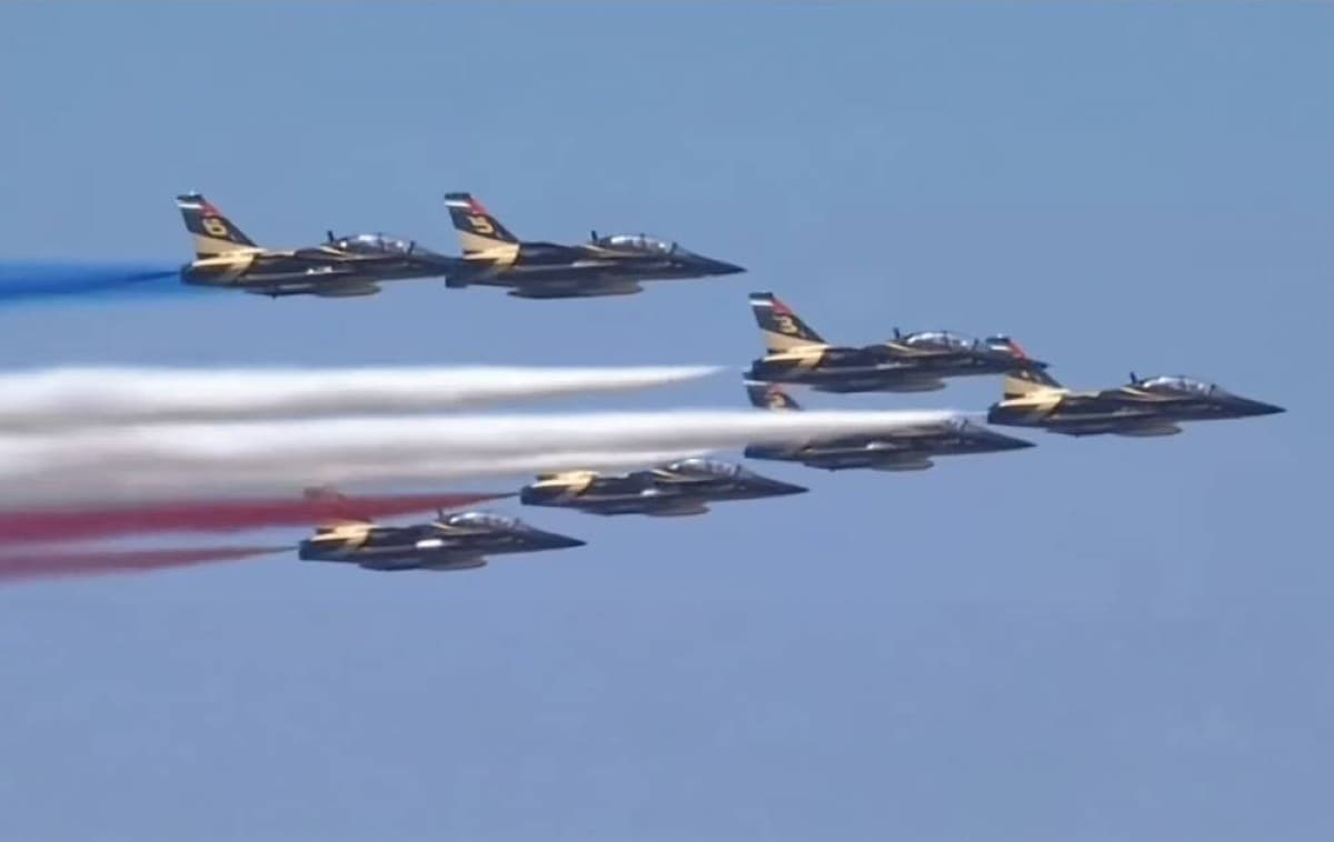 The Fursan Al Emarat aerobatic display team performing aerial formations over Jones Beach in New York during the United States' 250th independence celebrations.