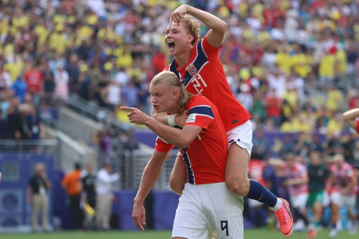 Erling Haaland celebrating a goal for Norway during the 2026 World Cup match against Brazil.