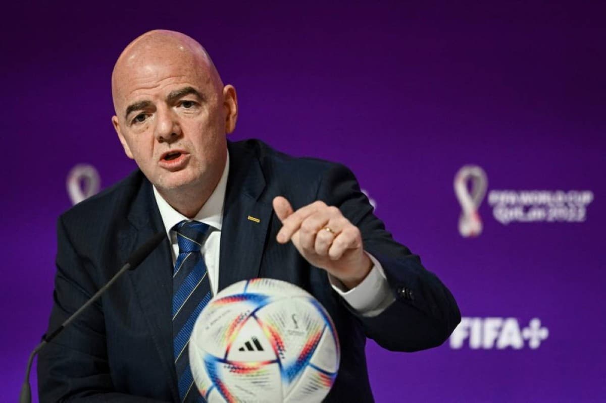 FIFA president Gianni Infantino speaks at a press conference in the context of the 2026 World Cup.