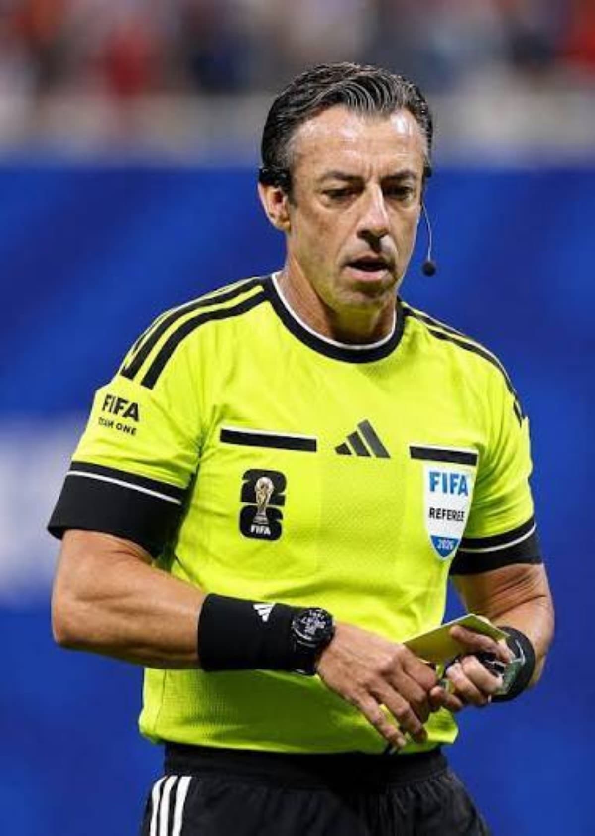 Brazilian referee Rafael Claus shown on the pitch during the North American World Cup round of 32 match between the United States and Bosnia.
