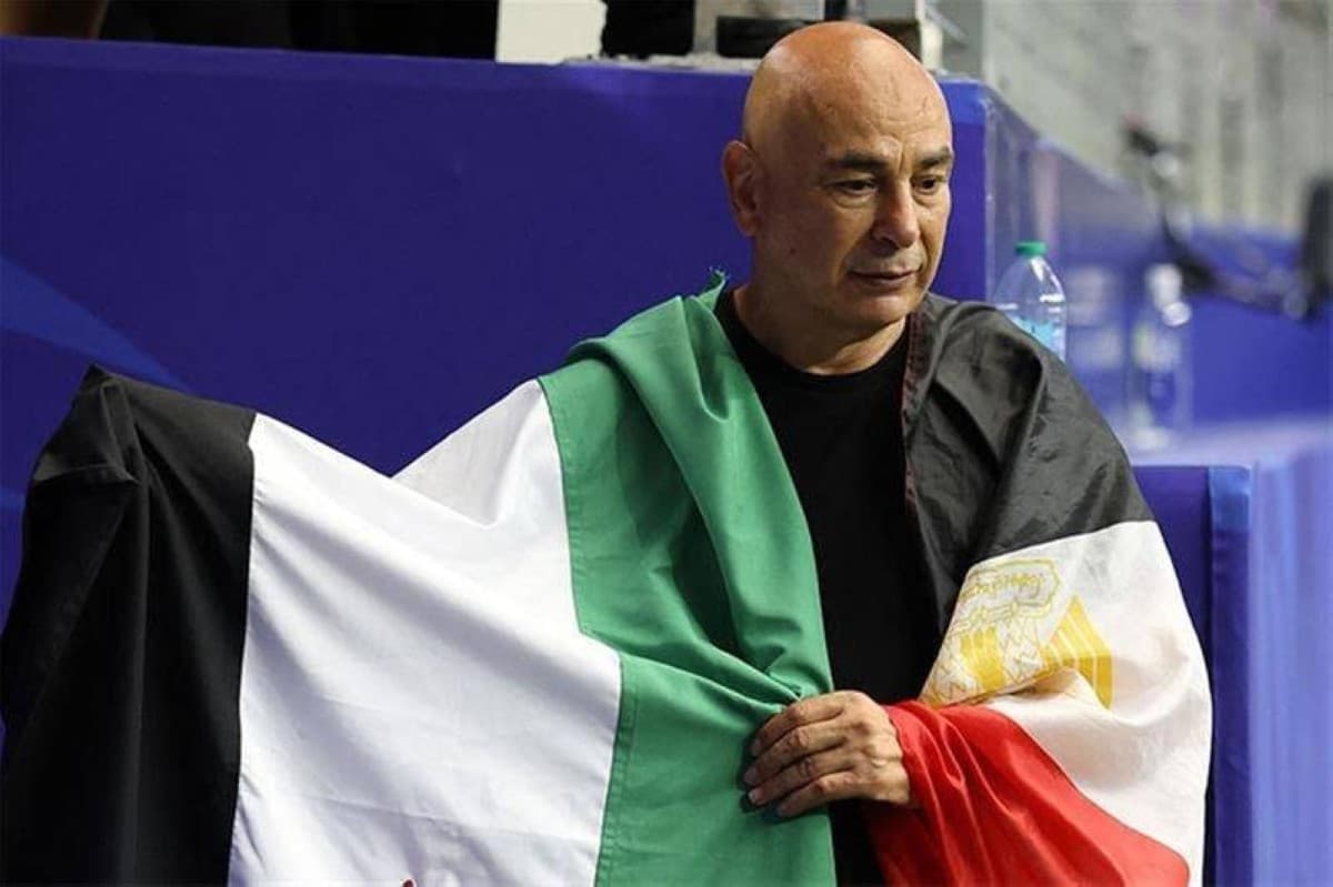 Egypt head coach Hossam Hassan speaking at a press conference ahead of the team's round-of-16 match against Argentina at the 2026 World Cup.