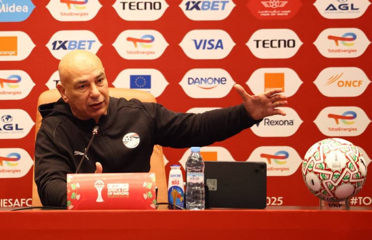 Egypt national team manager Hossam Hassan speaking at a press conference ahead of Egypt's World Cup match against Argentina.