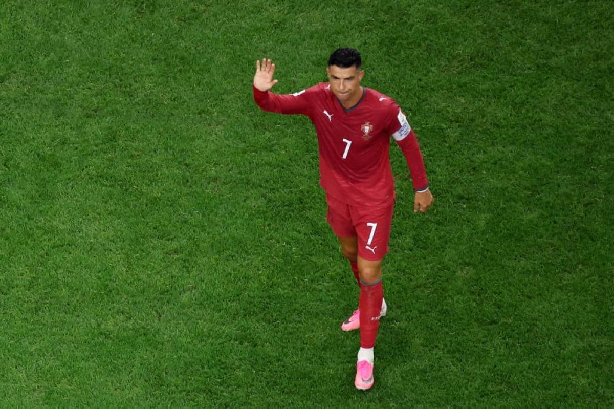 Cristiano Ronaldo looks on following Portugal's round-of-16 elimination from the 2026 FIFA World Cup after a defeat to Spain.